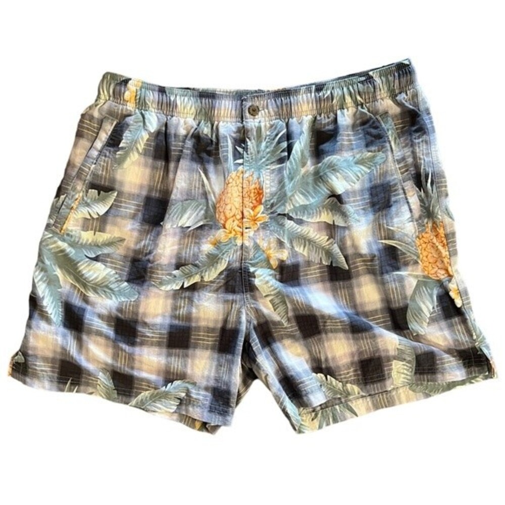 Tommy Bahama Swim Trunks Black White Plaid Large Pineapples Mesh Lining size L